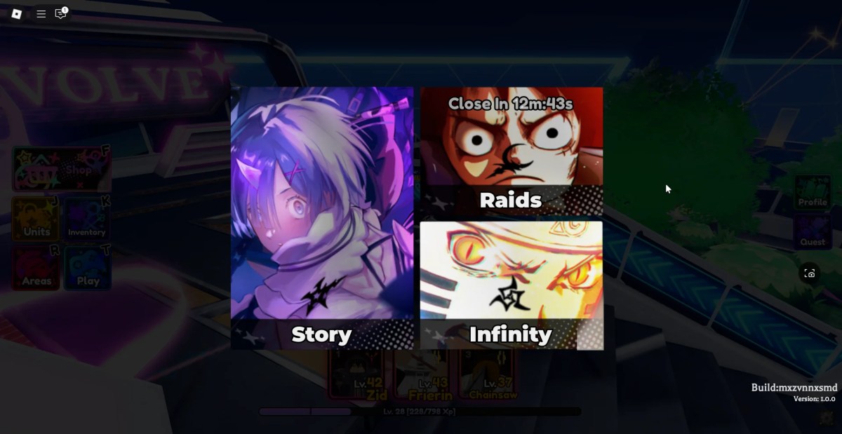 Aperçu du menu Play dans l'expérience Anime Saga Roblox.