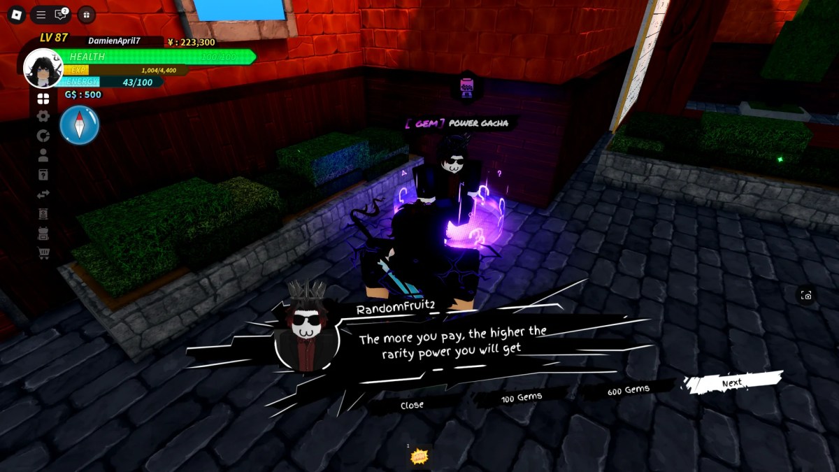 Emplacement du Fruit Power Gacha NPC qui vous permet de rouler pour une puissance de fruits aléatoires en utilisant des gemmes dans l'expérience universelle de Roblox.